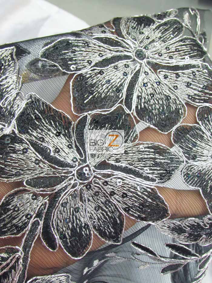 2 Tone Metallic Carnation Floral Sequins Fabric / Mint/White / Sold By The Yard - Image 3