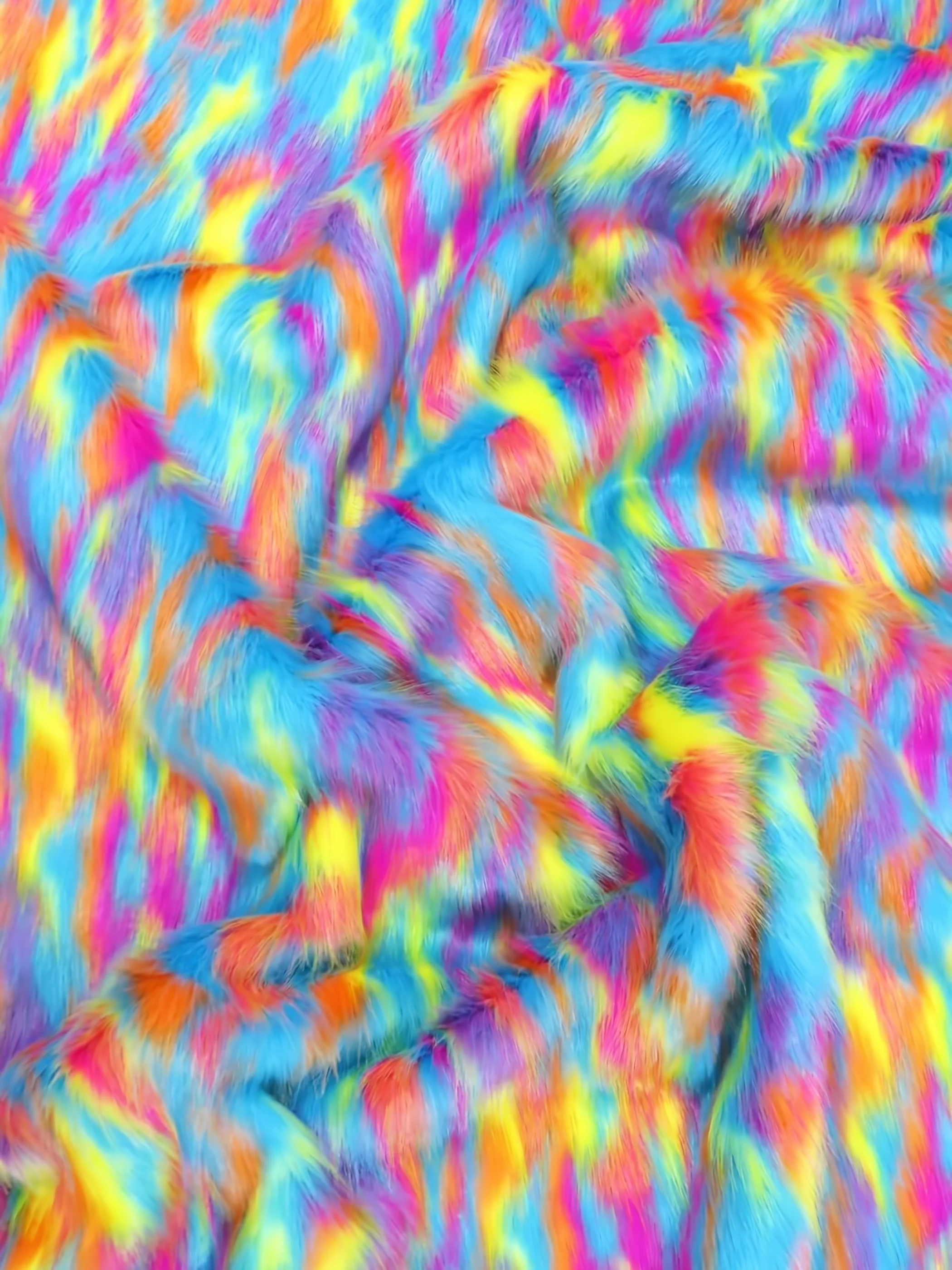 Turquoise, Orange, Fuchsia Sunset Multi-Color Faux Fur Fabric / Sold by the Yard