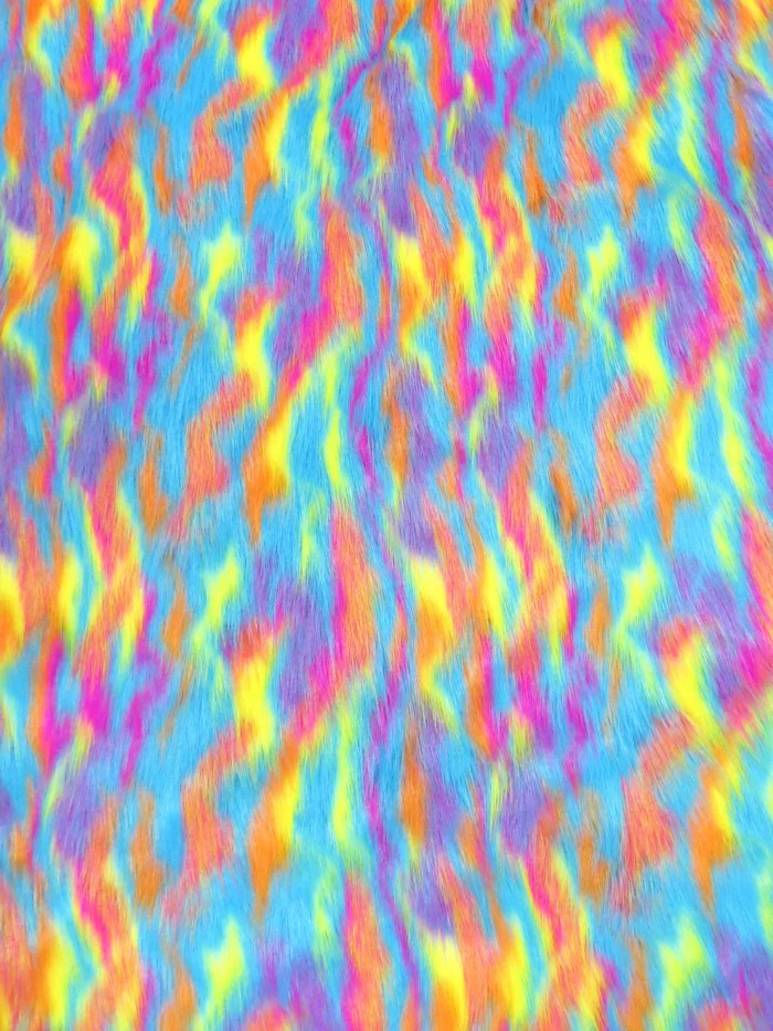 Turquoise, Orange, Fuchsia Sunset Multi-Color Faux Fur Fabric / Sold by the Yard - Image 2