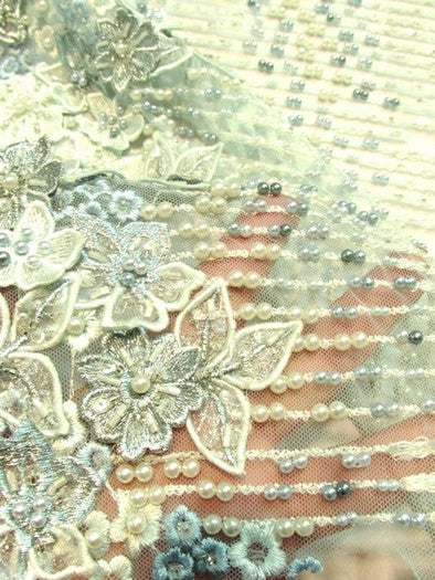 3D Bridal Beaded Luxury Floral Lace Mesh Fabric / Aqua / Sold By The Yard - Image 4