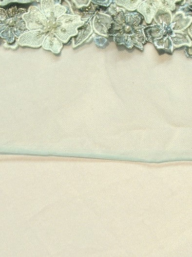 3D Bridal Beaded Luxury Floral Lace Mesh Fabric / Aqua / Sold By The Yard - Image 5