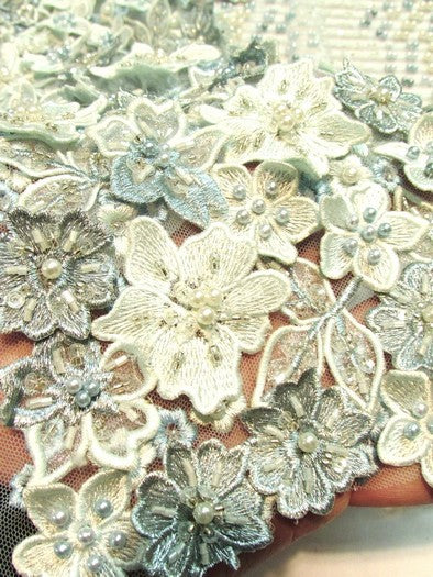 3D Bridal Beaded Luxury Floral Lace Mesh Fabric / Aqua / Sold By The Yard - Image 6