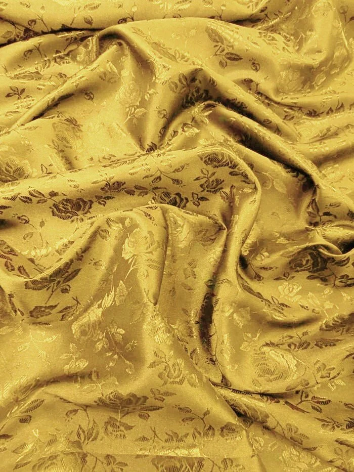 Floral Rose Jacquard Satin Fabric / Dark Gold / Sold By The Yard