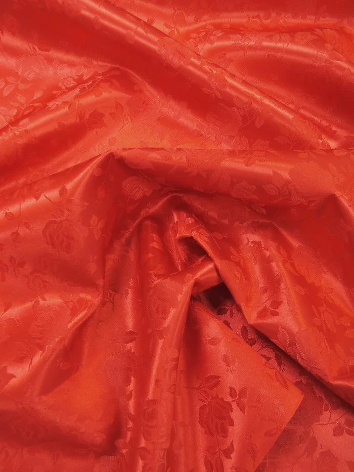 Floral Rose Jacquard Satin Fabric / Red / Sold By The Yard