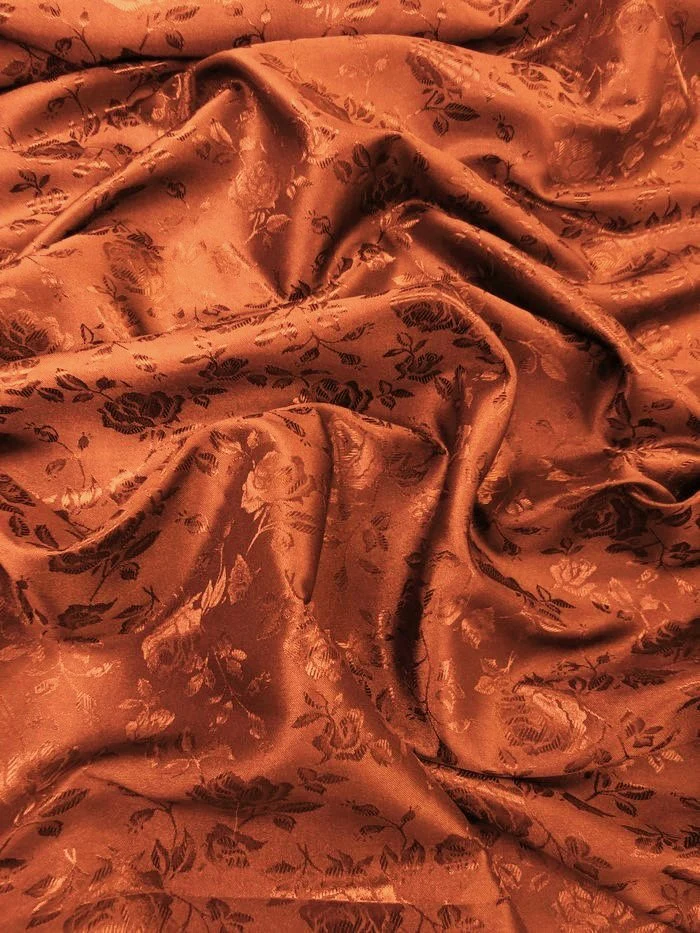 Floral Rose Jacquard Satin Fabric / Rust / Sold By The Yard