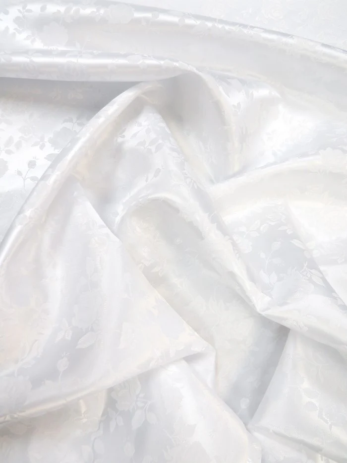 Floral Rose Jacquard Satin Fabric / White / Sold By The Yard