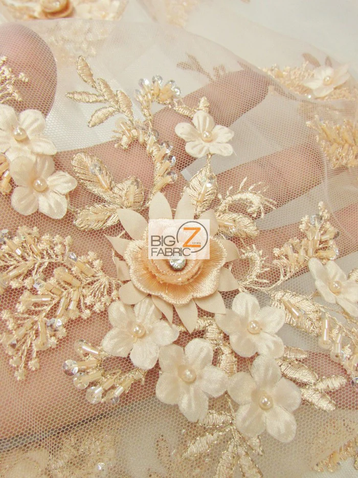 French Floral 3D Beaded Sequins Fabric / Gold / Sold By The Yard - Image 3