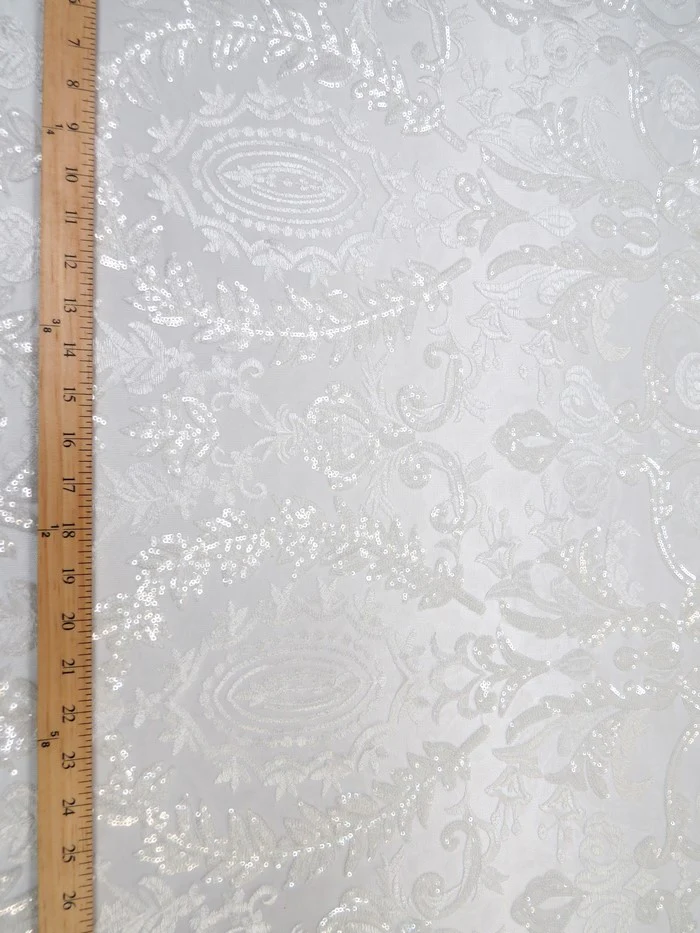 Luxury Damask Sequins Mesh Fabric - White - Image 2