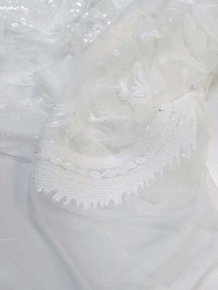 Luxury Damask Sequins Mesh Fabric - White - Image 5