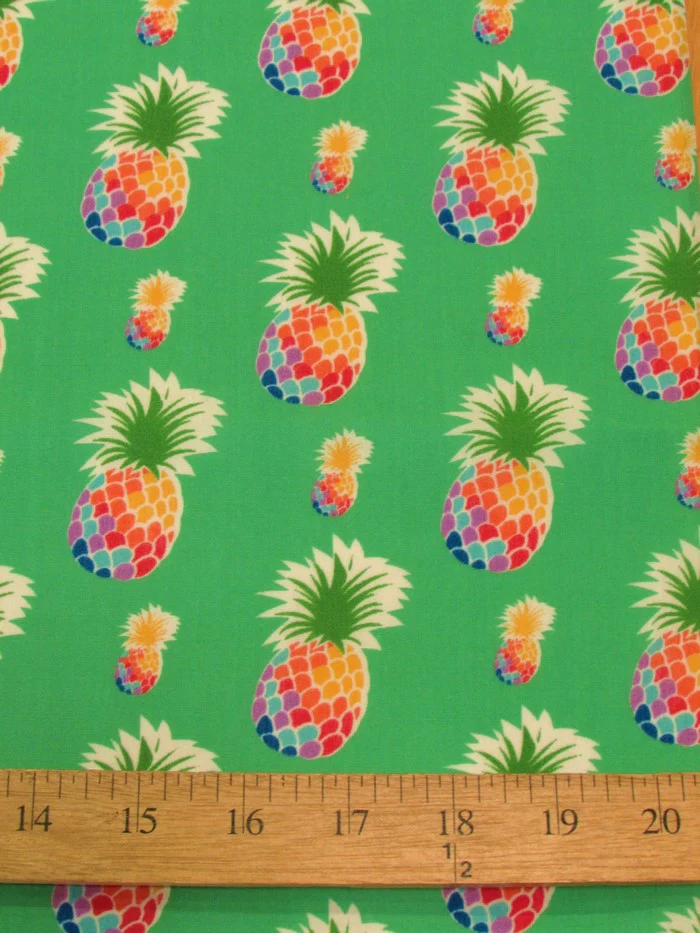 Poly Cotton Printed Fabric Fruit Pineapple / Green / Sold By The Yard